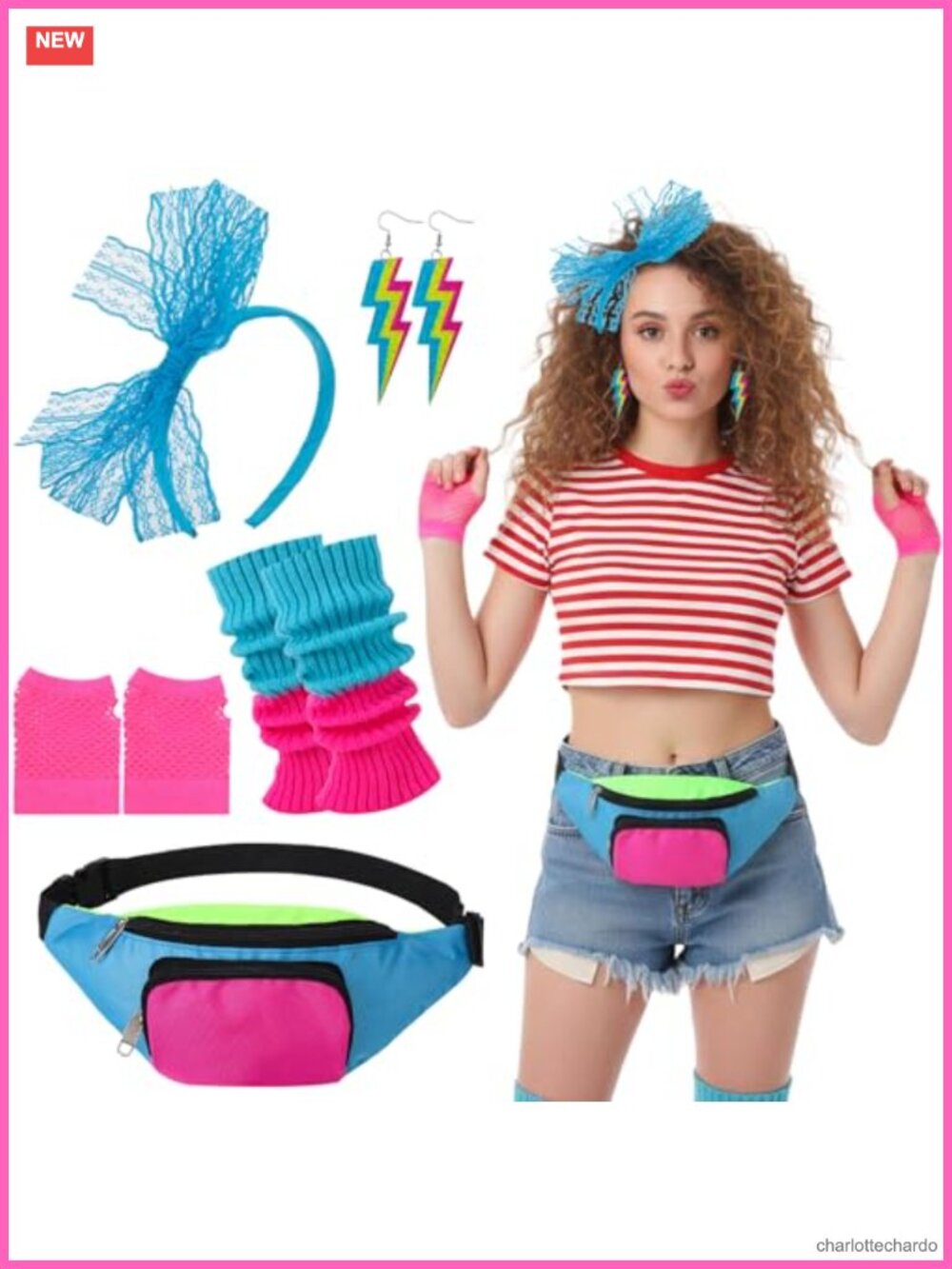 80s Neon Costume Accessory Set Fanny Pack Leg Warmers Fishnet Gloves